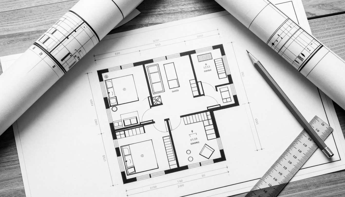 Technical architectural drawings and floor plans