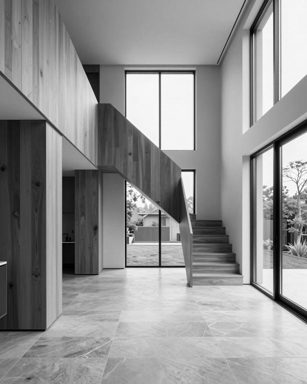 Modern interior with stone floor and staircase