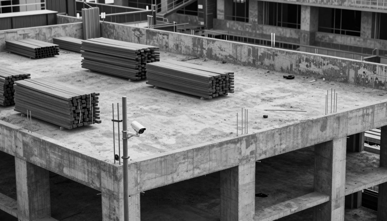 Active construction site with structural work